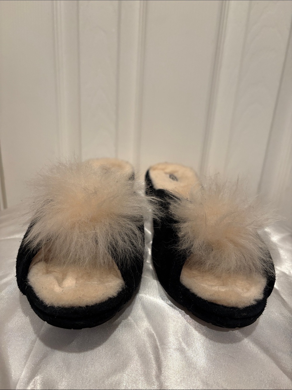 UGG Black Suede Women's Slip-On Slippers with Cream Shearling Pom - Picture 2 of 5